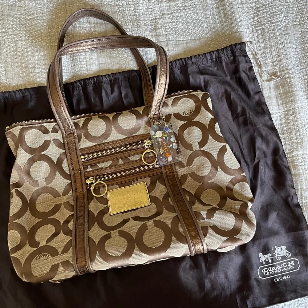 Coach Poppy C op art glam bronze metallic leather brown jacquard canvas tote bag